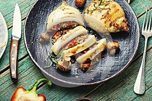 Grilled squid with vegetables, stuffed calamari