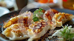 Appetizing Gyoza Dumplings on Rustic Wooden Table