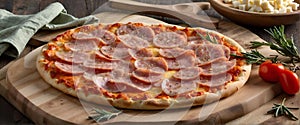 Appetizing ham pizza accompanied by fresh ingredients on a wooden board, AI-generated.