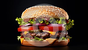 Appetizing Hamburger on a Dark Background - Generative Ai