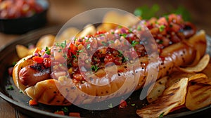 appetizing hot dog in a plate close-up