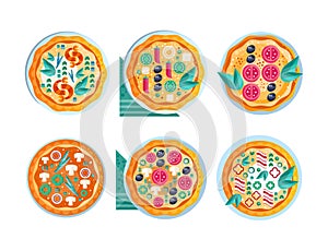 Appetizing Italian Pizza as Round Hot Dough Topped with Different Ingredient Vector Set