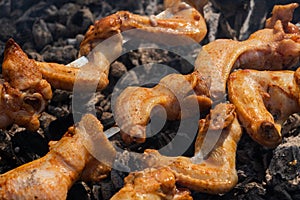 Appetizing juicy chicken barbecue cooking on metal skewers on outdoors charcoal grill with fire smoke