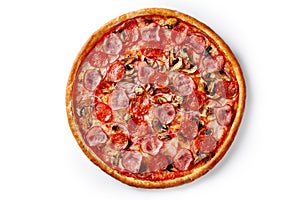 Juicy pizza with mozzarella and pelati sauce topped with sausages, mushrooms, onions isolated on white photo