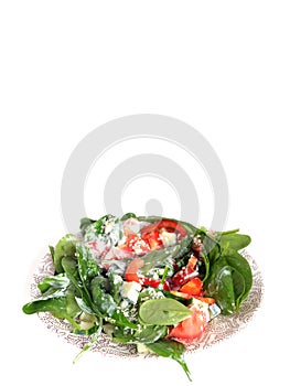 Appetizing light low calorie vegetarian salad from raw fresh vegetables with greens and yogurt on round plate studio shot isolated