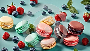 Appetizing macaroon cuisine food strawberries, sugar , mint leaves cuisine confectionery