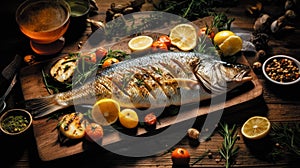 Appetizing marinated sea bass with accompaniment presented on a wooden board. Generative Ai