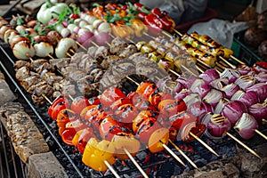 Appetizing meat skewers and vegetable skewers outdoors. Grilled meat