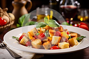Appetizing Panzanella Salad with Fresh Ingredients for Restaurant Menu with Ample Copy Space