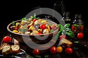 Appetizing Panzanella Salad with Fresh Ingredients for Restaurant Menu with Ample Copy Space