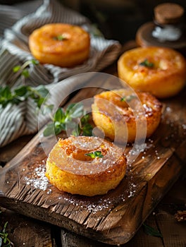 Appetizing Paraguayan chipa guasu, a traditional corn cake similar to cornbread, presented on a rustic wooden board photo