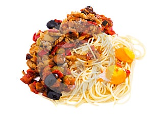 Appetizing pasta with vegetables grilled meat and baked egg yolk