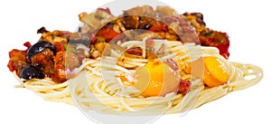Appetizing pasta with vegetables grilled meat and two baked egg