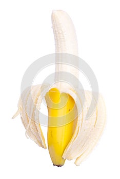 Appetizing peeled ripe banana isolated on a white background
