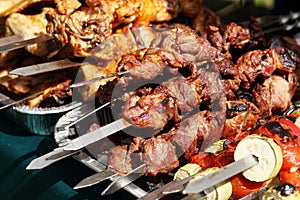 Appetizing picture of shish kebab from beef and pork.