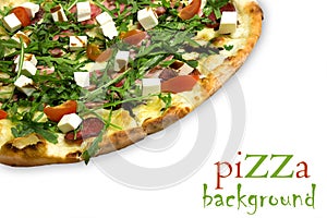 Appetizing pizza with ham, salami, arugula, cherry tomatoes, fetaksa, balsamic isolated on white