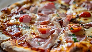 An appetizing pizza topped with juicy tomatoes, ham slices, and herbs. Ai generation