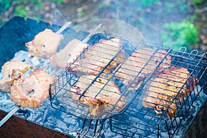 Appetizing raw meat kebab is cooked on the grill on the wood, in the open air. The kebab is cooked on skewers.