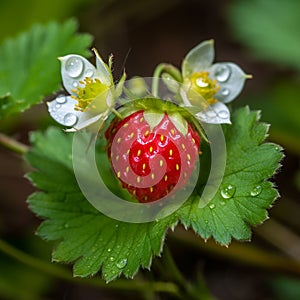 Appetizing red wild strawberry and white flower with dew drops, closeup,