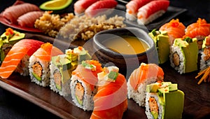 Appetizing rolls Japanese style sushi vegetables healthy closeup restaurant food cuisine seaweed