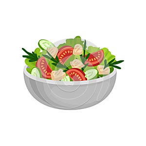 Appetizing salad in big ceramic bowl. Tasty and healthy eating. Delicious meal for dinner. Flat vector design