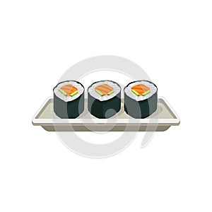 Appetizing salmon rolls. Hosomaki sushi. Traditional Japanese food. Delicious Asian dish. Flat element for cafe or
