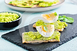 Appetizing sandwiches of crispy bread with avocado and boiled egg on slate