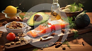An appetizing scene unfolds with a Keto diet spread showcased on a rustic wooden table arranged beside ripe, AI generated