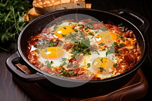 Appetizing Shakshuka in frying pan. Generate Ai