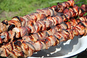 Appetizing shashlik on skewers on plate. Cooked pork meat. Barbecue lunch