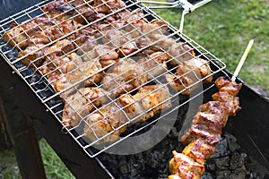 Appetizing shish kebab is fried on a skewers outdoor