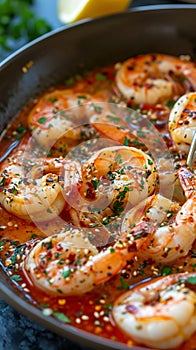 An appetizing shrimp dish in a frying pan.