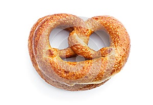 Appetizing soft bavarian pretzel isolated on white background