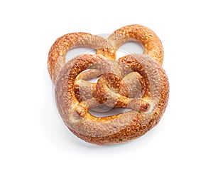 Appetizing soft bavarian pretzel isolated on white background