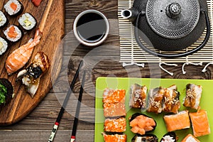 Appetizing sushi set in classic serving, top view