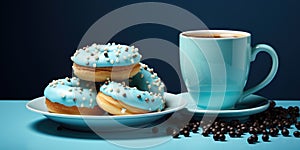 Appetizing and sweet donuts with different toppings, space for text. Generative AI