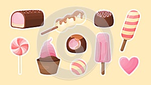 Appetizing sweets stickers. Chocolate bar with fruit filling