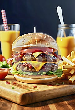 Appetizing and tasty burger with potatoes, tomato on wooden board.