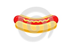 Appetizing tasty hot dog sausage bun with mustard vector illustration. Unhealthy hotdog fast food