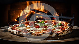appetizing and tasty typical Italian pizza with mozzarella, cherry tomatoes and basil cooked in a wood oven in the background