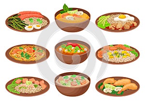 Appetizing Thai Food Served on Ceramic Plates Side View Vector Illustration