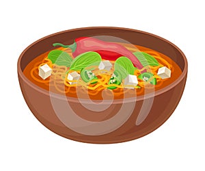 Appetizing Thai Noodle Soup with Hot Pepper and Greenery Served in Ceramic Bowl Side View Vector Illustration