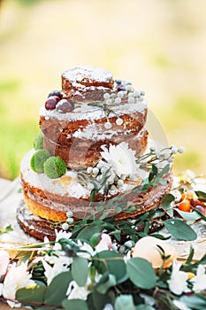 Appetizing wedding cake in rustic style