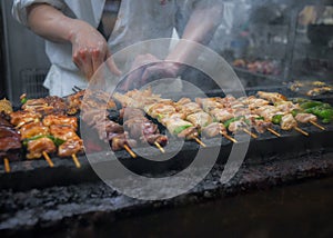 Appetizing Yakitori, Grilled chicken skewers in Tokyo, Japan.