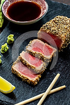 Appetizing yellowfin sesame crusted tuna steak