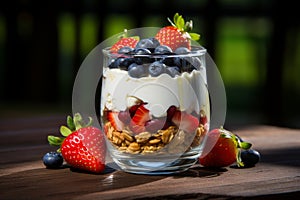 Appetizing yogurt granola parfait with fresh berries, and oats in elegant glass jar