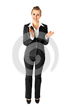 Applauding modern business woman isolated on white