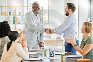 Applause, diversity acquisition handshake and business people celebrate investment, b2b contract deal or merger success