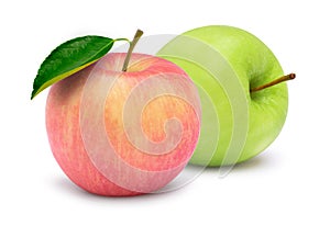 Green granny smith and red pink fuji apple with green leaf isolated on white