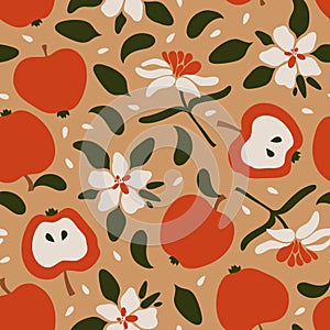 Seamless pattern with apples, whole fruits and halves, with flowers.